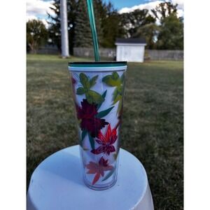 Starbucks 24oz Tumbler Cold‎ Cup Green Floral Flower Design with Straw
